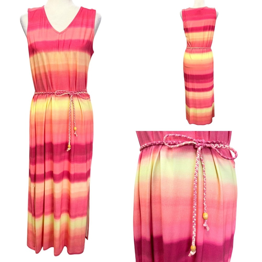Chico's Maxi‎ Dress Womens 1 M Ombre Sleeveless V-Neck Belted Vacation Resort